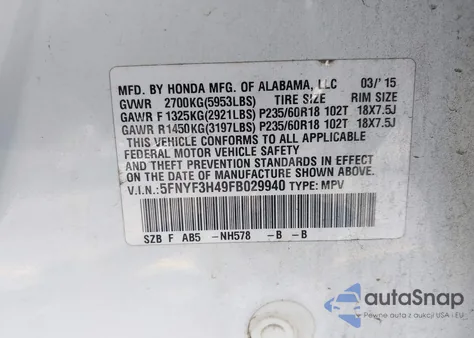 2015 Honda Pilot Ex из США, поврежденный, VIN 5FNYF3H49FB029940